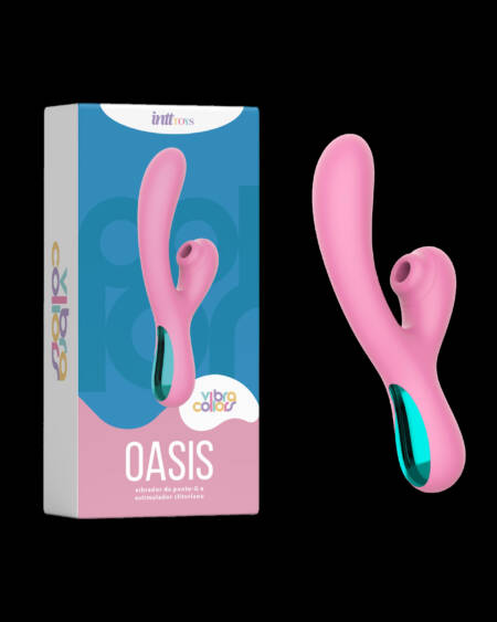 Oasis vibrador clitoriano e vaginal, recarregável rosa com azul metálico.
