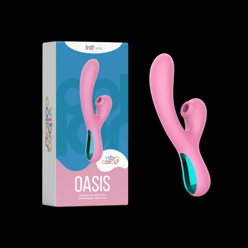 Oasis vibrador clitoriano e vaginal, recarregável rosa com azul metálico.
